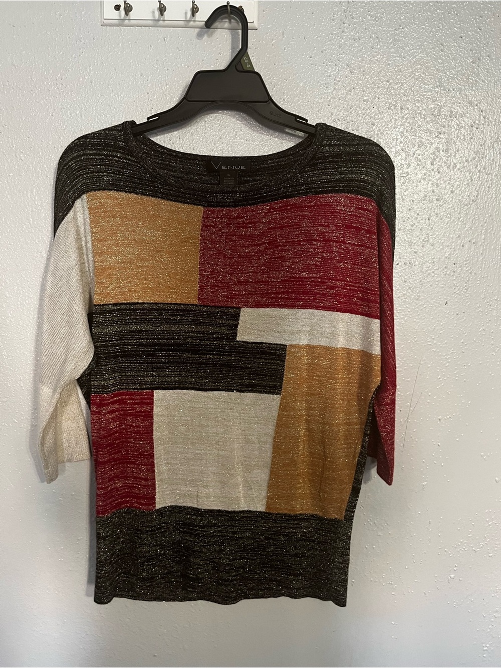 Avenue Colorblock Metallic Crewneck Sweater - Red, Gold, Cream, Black